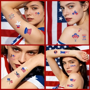 Close-up of USA 250th Independence Day temporary tattoos on face and arm