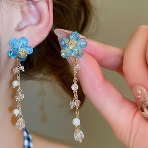 Blue crystal flower tassel earrings with freshwater pearls and gold chains for women