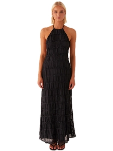 Elegant black halter pleated maxi dress with textured fabric and backless design