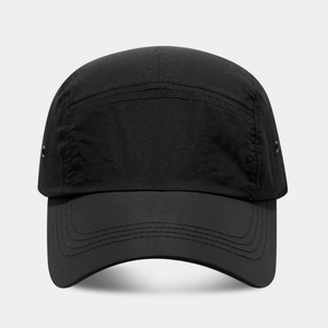 Front view of black 5-panel quick-dry baseball cap with metal eyelets and ripstop fabric