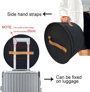 Felt hat storage box with leather handles and luggage strap for easy travel transport