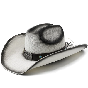 Two-tone straw cowboy hat with vintage bull head buckle and turquoise bead band