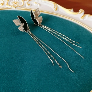 Vintage Butterfly Long Tassel Ear Cuffs Alloy Rhinestone Enamel Elegant Pierceless Earrings For Women Fashion Jewelry