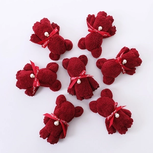 Deep red coral fleece towel bear with pearl bow tie and Just for you ribbon