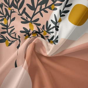 Detail of bohemian tapestry fabric with abstract botanical print and soft draping texture