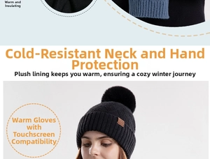 Close-up of knit winter set with faux fur pompom hat and touchscreen gloves detail