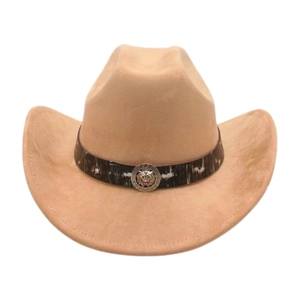 Detail of vintage cowboy hat featuring a silver lion head emblem and Greek key pattern
