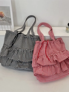 Cute Korean style gingham tote bags with ruffles and drawstring closure in two colors