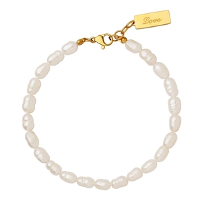 Elegant rice pearl bracelet with gold LOVE engraved tag and lobster clasp on white background