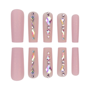 Pink glitter press on nails with long square shape and iridescent rhinestone accents