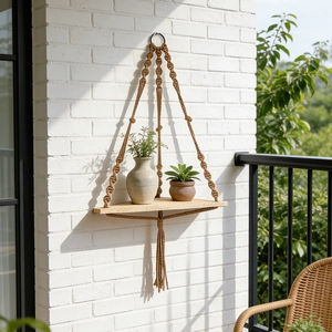 Bohemian woven macrame corner shelf with wood tray and decorative hanging tassels