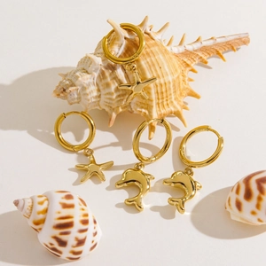 14K gold-plated starfish and dolphin hoop earrings set with ocean elements decor