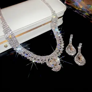 Elegant teardrop rhinestone necklace and earring set with pear-cut crystals for women