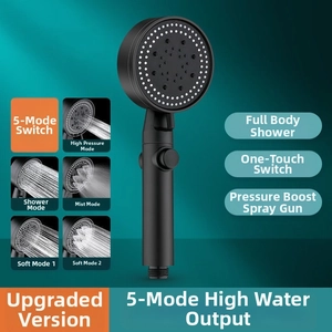 Matte black handheld pressurized shower head featuring five distinct spray modes and stop button
