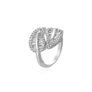 Silver leaf-shaped open ring with cubic zirconia stones for women on white background