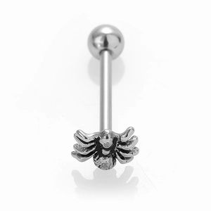 Macro shot of silver vintage spider tongue stud made of surgical stainless steel