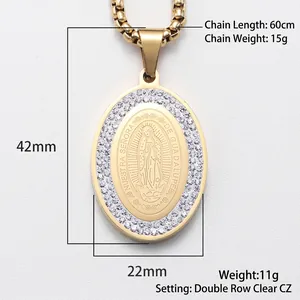 Collier pendentif ovale Notre-Dame de Guadalupe en acier titane doré et strass