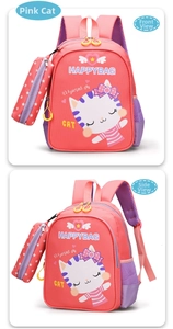Front and side view of pink cartoon cat backpack set with purple mesh pockets for girls