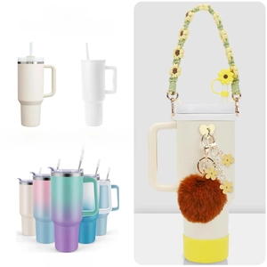 Accessories set for 40oz tumblers with sunflower woven handle and floral pompom charm