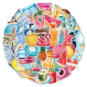 Flat lay of 50 colorful watercolor summer beach stickers with cartoon tropical vacation designs