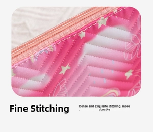 Detail shot of pink quilted fabric texture with star patterns and resin zipper closure
