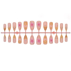24pcs French almond fake nails with pink cherry blossoms, pearls and star accents