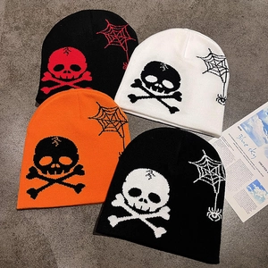 Skull Spiderweb Knitted Beanie Hat Punk Gothic Streetwear Halloween Jacquard Winter Warm Acrylic Cap For Men Women