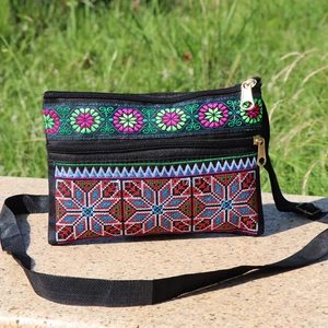 Women Ethnic Embroidery Crossbody Bag Canvas Double Zipper Small Shoulder Bag Flower Pattern Folk Style Travel