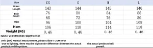 Detailed size chart with measurements for the velvet fringe midi dress for women