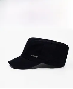 Detail of a black cotton cadet cap featuring a silver SPORT metal side badge