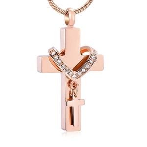 Rose gold stainless steel double cross urn necklace with heart and zircon stones