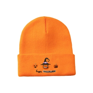 Orange knitted beanie with Happy Halloween pumpkin embroidery for autumn warmth