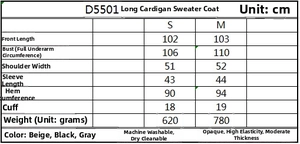 Detailed size chart for long chunky knit cardigan with measurements in centimeters
