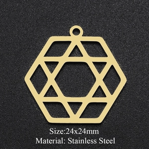 Golden stainless steel hexagonal pendant with inner star design and dimensions 24x24mm