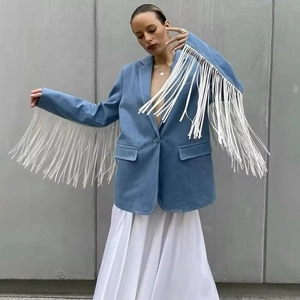 French style fog blue wool jacket with fringe sleeves and tailored notched lapels