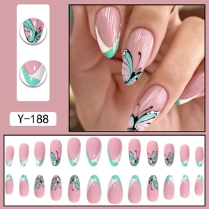 Pink almond press-on nails with green and white French tips and butterfly designs