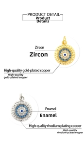 Detailed macro view of gold-plated and silver-plated Evil Eye pendants with blue enamel