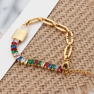 Gold titanium steel link bracelet with rectangle gemstones and a polished lock pendant