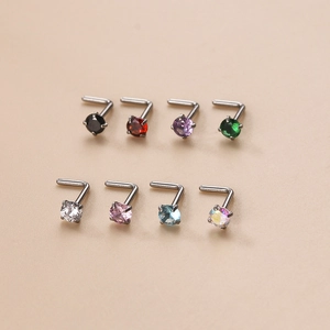 Detailed set of 8 L-shaped stainless steel nose studs with colorful 3mm round zircon gems