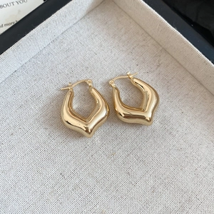 Macro shot of polished gold-finished teardrop hoop earrings on a display tray