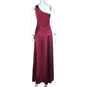 Rear view of elegant wine red satin dress with asymmetric shoulder and draped floor length