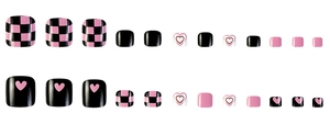 Detail of 24pcs press-on toenails featuring black checkerboard and pink heart designs