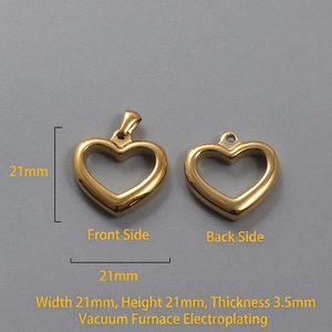 Front and back detail of 21x21mm 18k gold heart pendant made of stainless steel