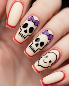 Macro shot of Halloween coffin nails with cute skulls, purple bows, and ghost art detail