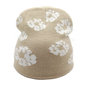 Knitted beanie with floral pattern, warm beige windproof headwear for autumn and winter