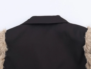 Detailed view of the black oversized coat with faux fur collar and smooth fabric texture