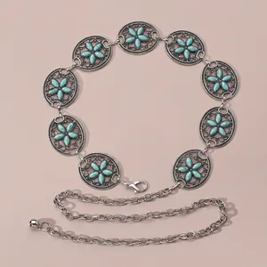 Women Bohemian Waist Chain Belt Hollow Carved Flower Zinc Alloy Synthetic Turquoise Vintage Ethnic Adjustable Body Chain