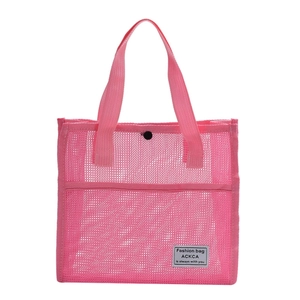 Pink mesh portable travel toiletry tote bag with reinforced handles and snap closure