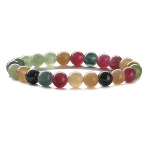 Natural round stone beaded bracelet with polished multi-color semi-precious gemstones