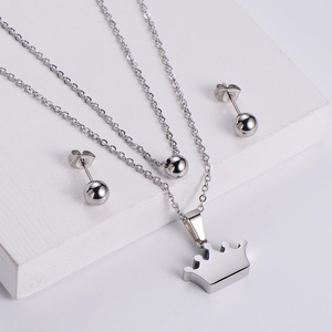 Three-piece titanium steel set with silver crown pendant necklace and bead earrings